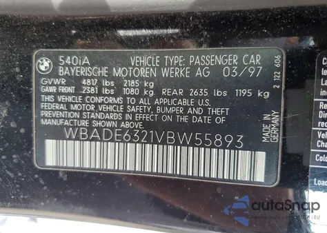 1997 BMW 540 I Automatic z USA, uszkodzony, nr VIN WBADE6321VBW55893